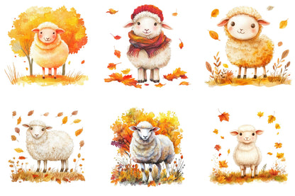 26 Autumn Cute Sheep Clipart Bundle