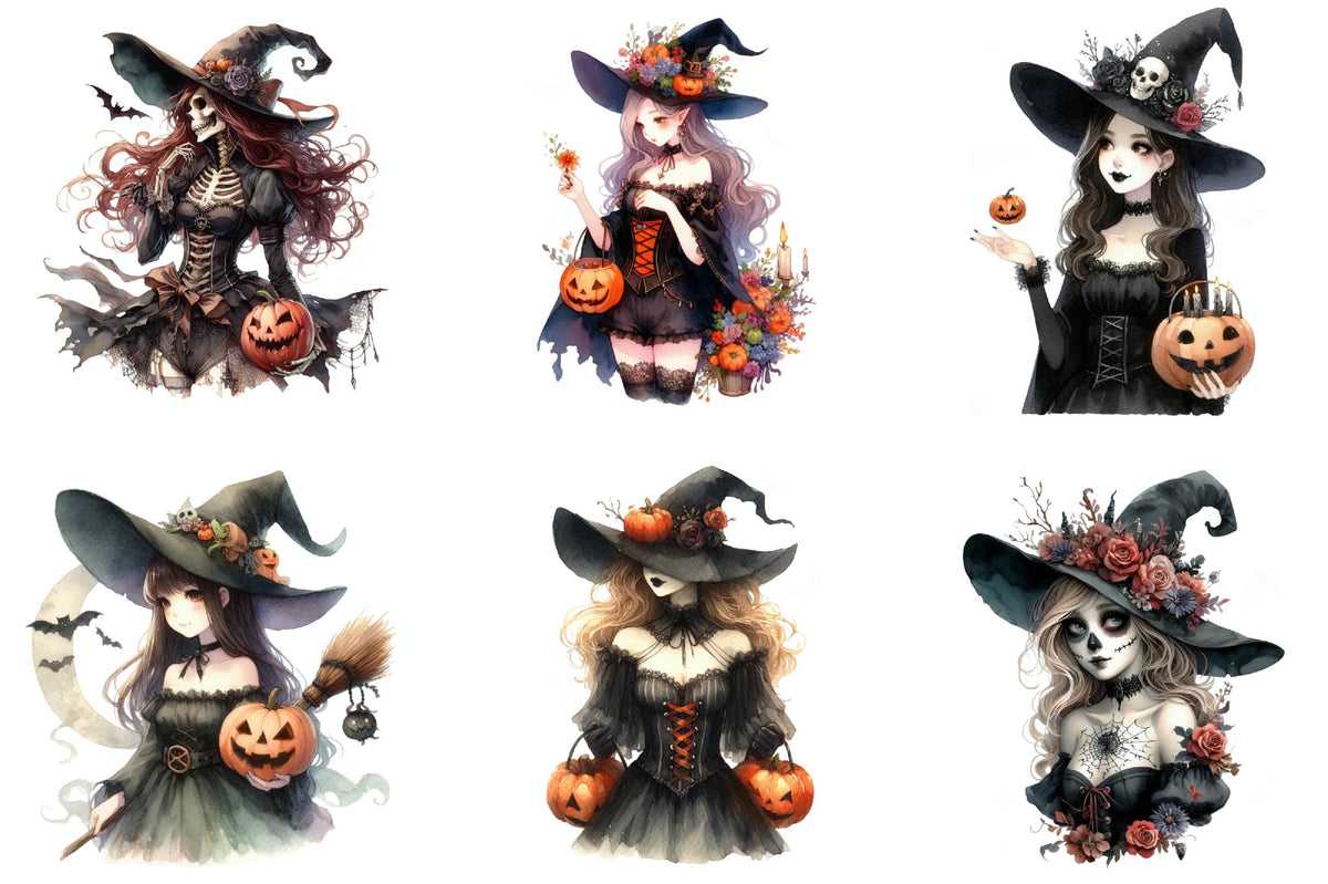 26 Halloween Witch Woman Clipart PNG Bundle