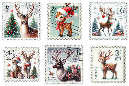 23 Christmas Reindeer Postage Stamp Clipart Bundle
