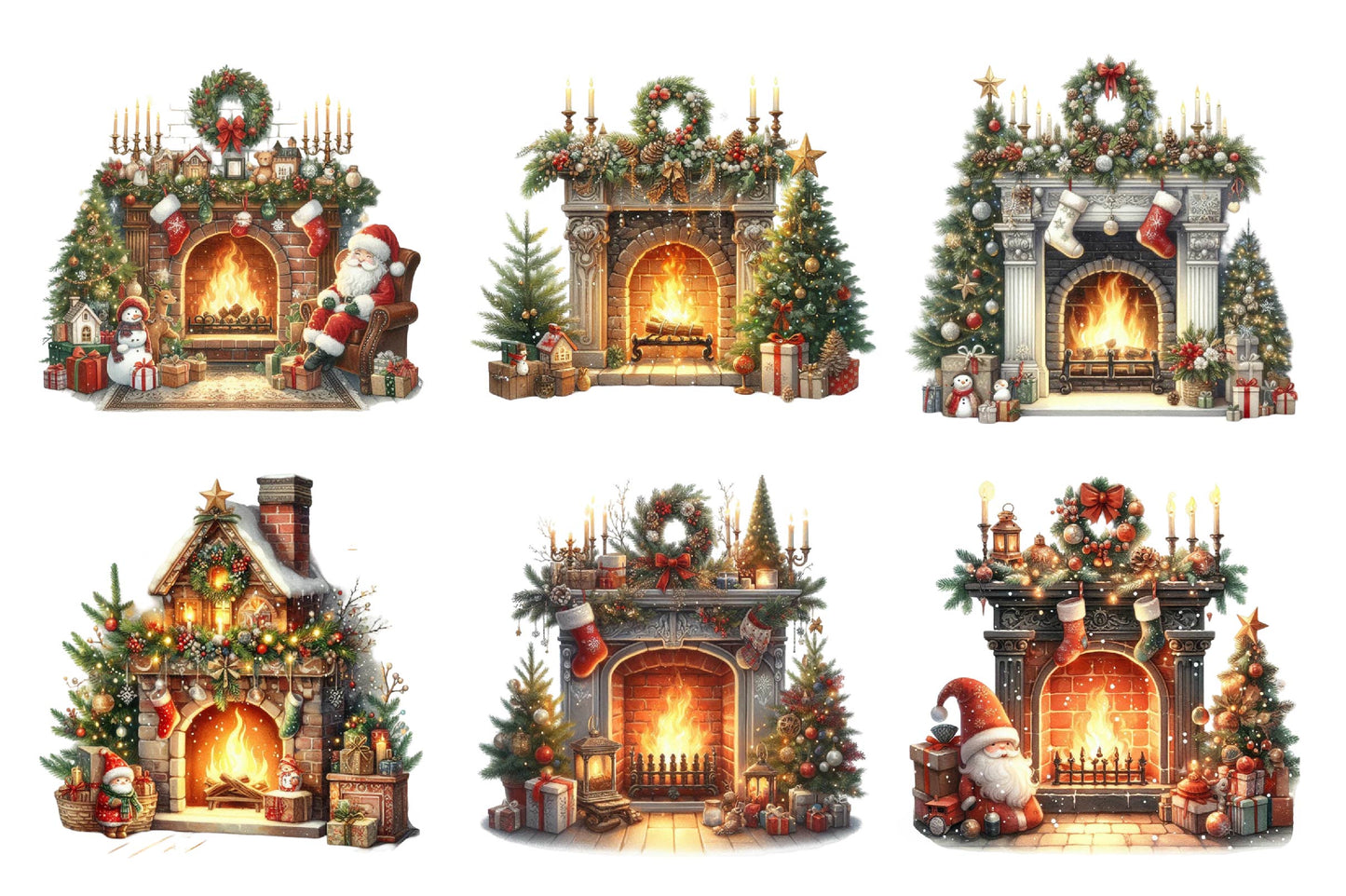 Christmas Fireplace Watercolor Clipart PNG Bundle