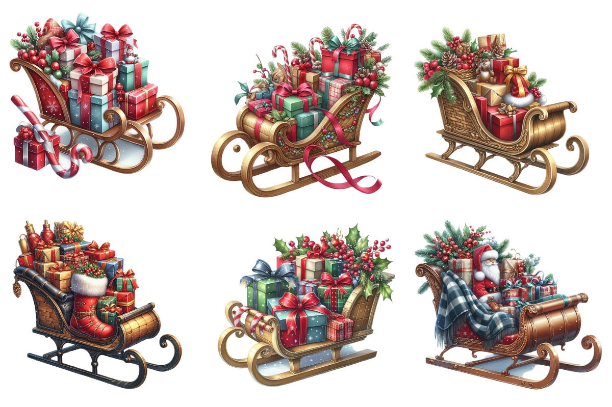 28 Christmas Presents Sleigh Clipart Bundle PNG, Christmas Gift Sleigh Sublimation