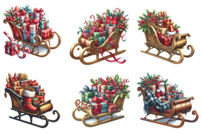 28 Christmas Presents Sleigh Clipart Bundle PNG, Christmas Gift Sleigh Sublimation