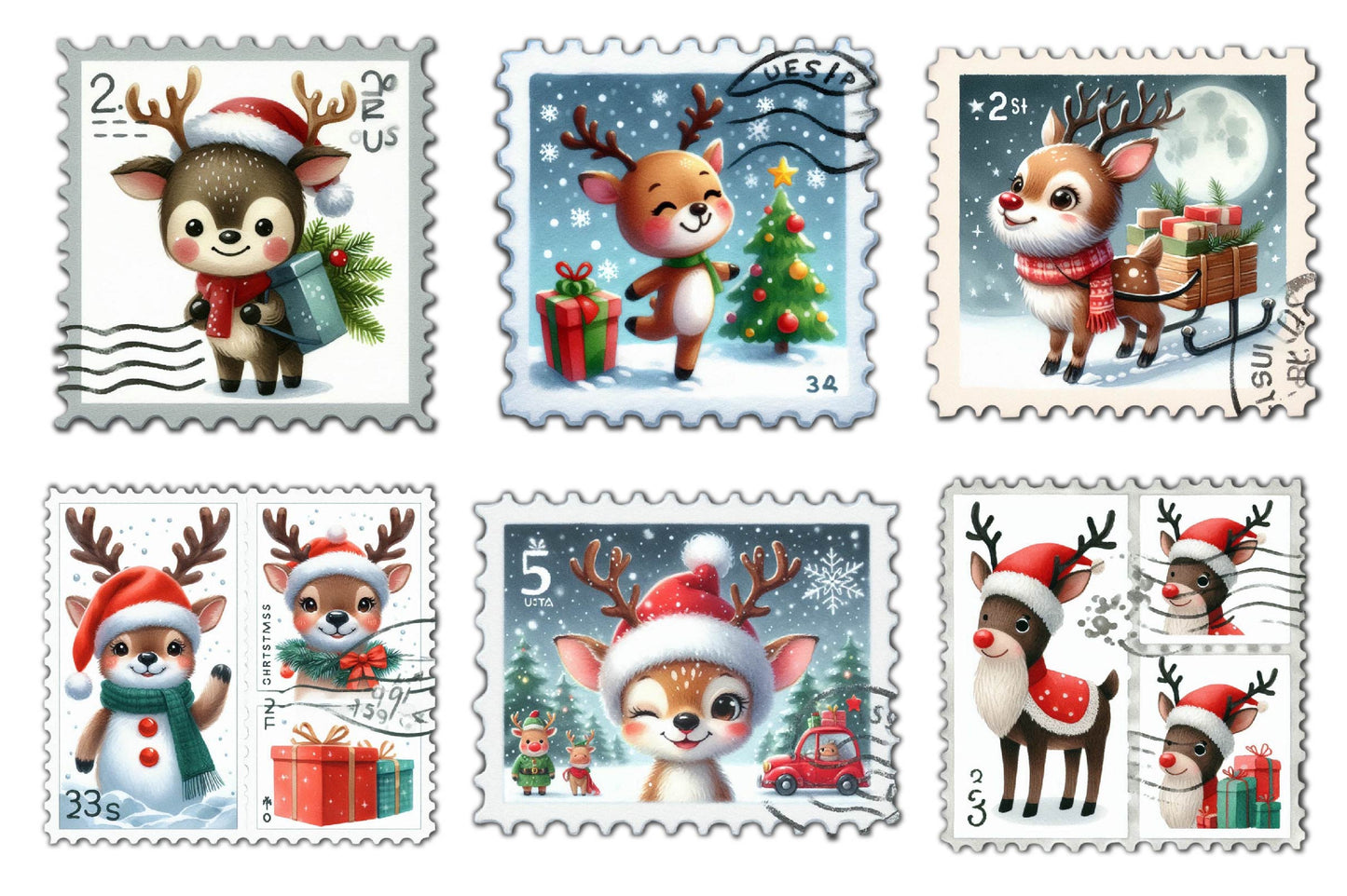 24 Christmas Reindeer Postage Stamps PNG Bundle