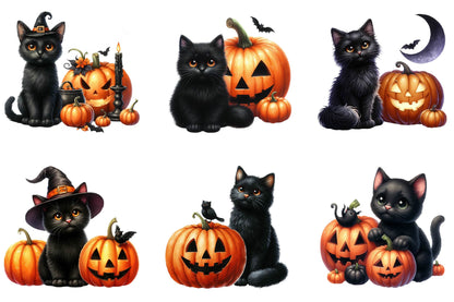 33 Halloween Black Cat With Pumpkin Clipart Bundle
