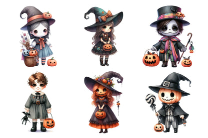 Halloween Witch Doll Watercolor Clipart PNG Bundle