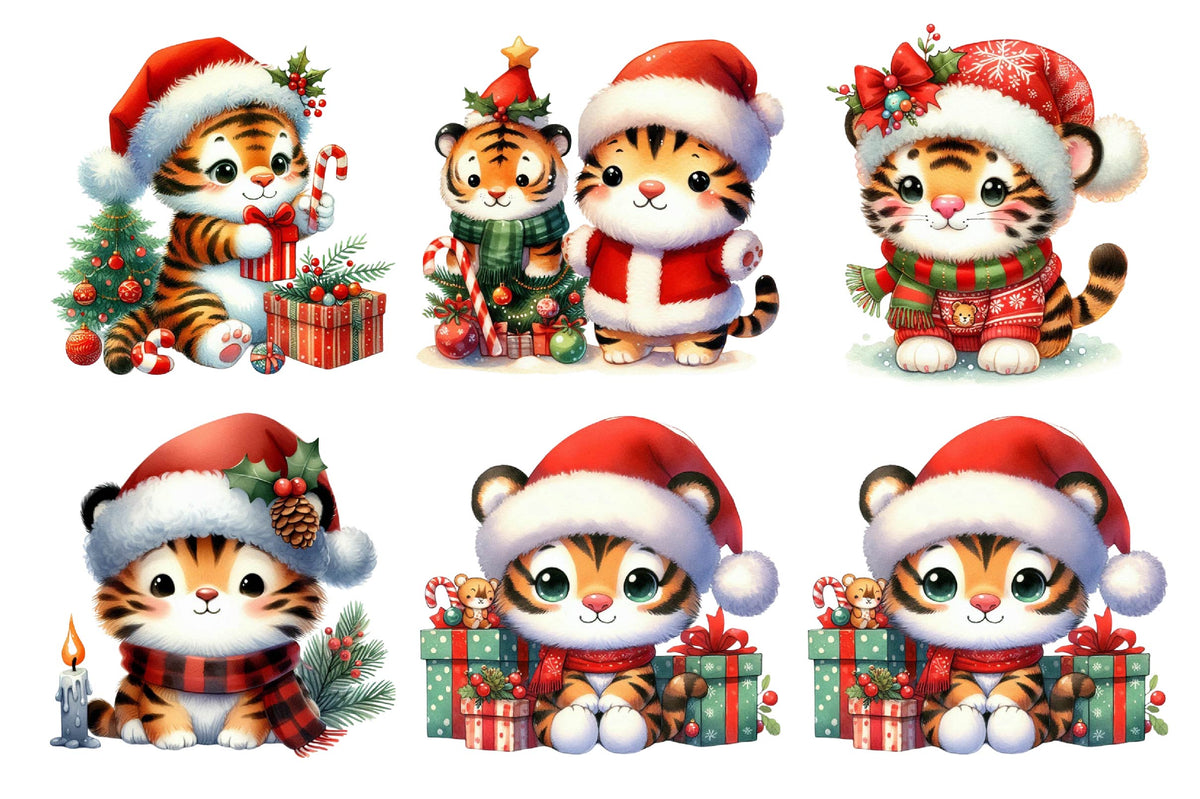 Christmas Tiger Watercolor Clipart PNG Bundle