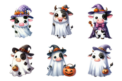 Halloween Cute Cow Ghost Watercolor Clipart PNG Bundle