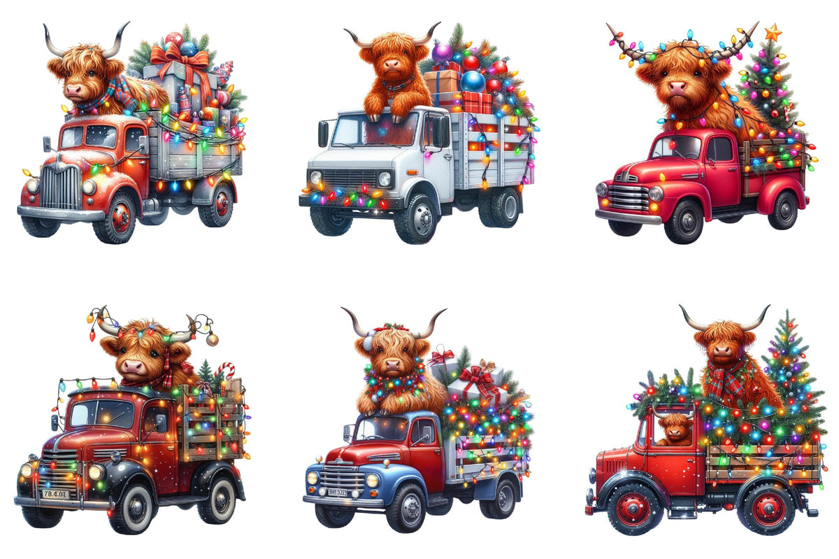 29 Christmas Highland Cow Clipart Bundle PNG, Highland Cow Christmas Truck Sublimation