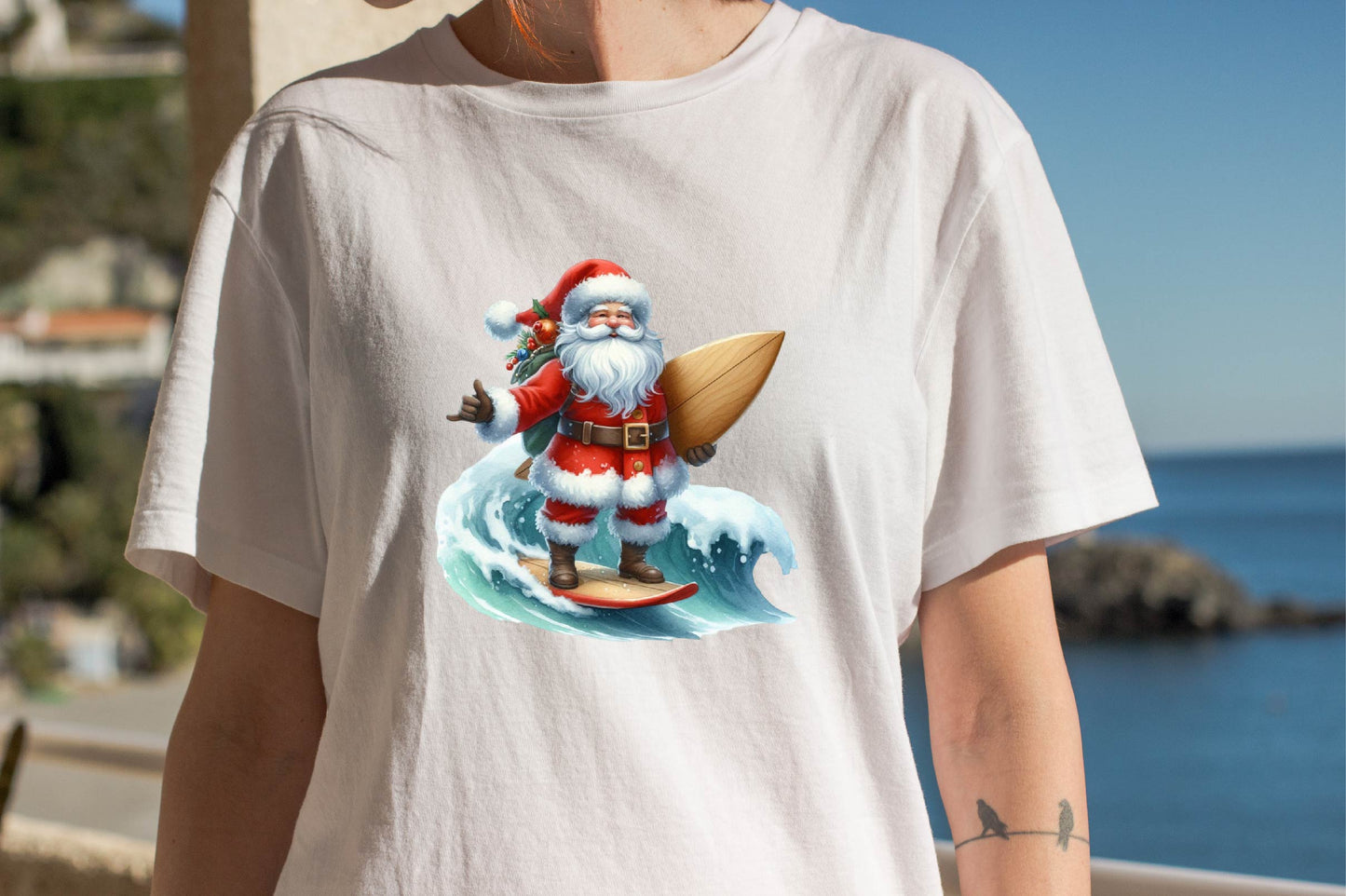 Christmas Santa with Surfboard PNG Bundle