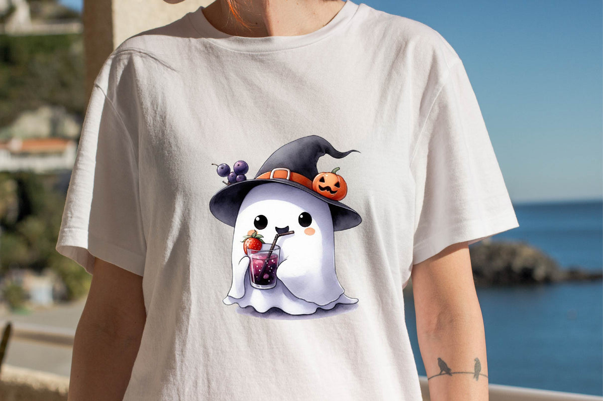Halloween Cute Ghost Drinking Black Fruit PNG Bundle