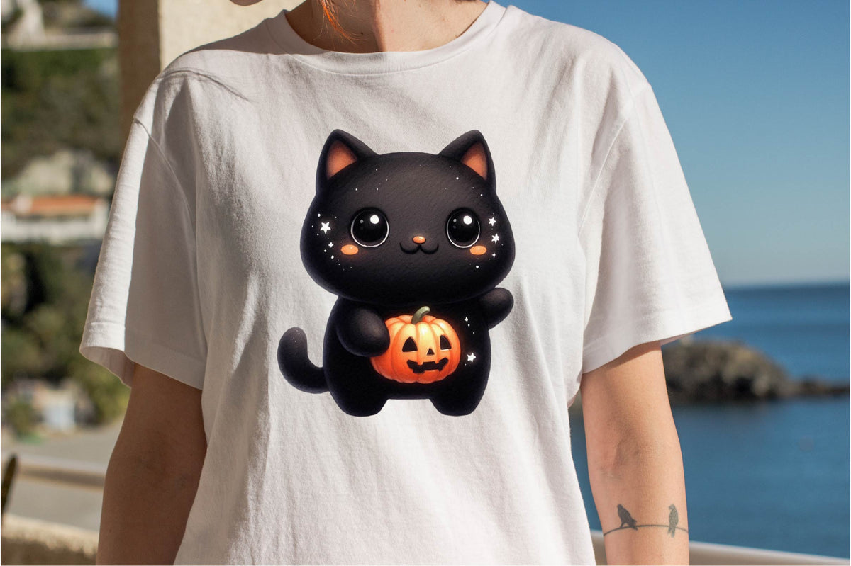 30 Halloween Kawaii Black Cat Clipart Bundle PNG, Cute Witch Cat Jack O Lantern Sublimation Designs