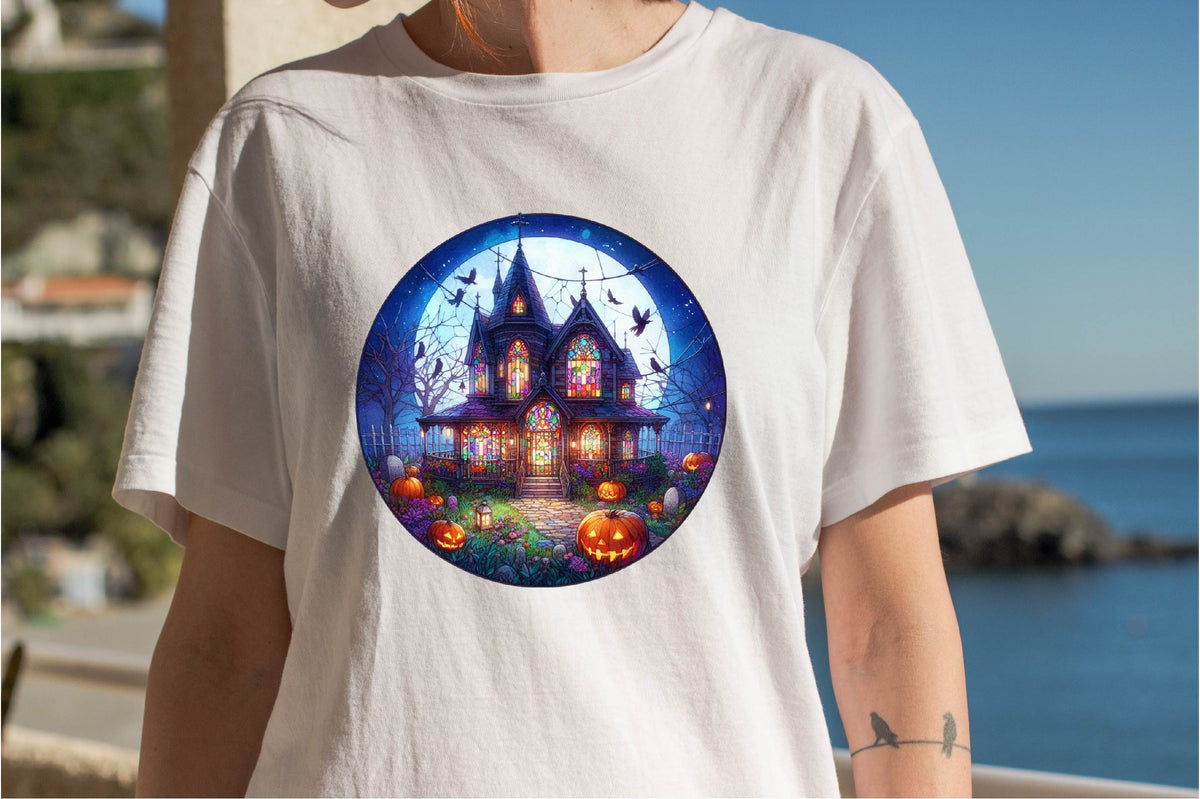 25 Stained Glass Haunted House Halloween Clipart Bundle PNG, Gothic Haunted Mansion Sublimation Designs