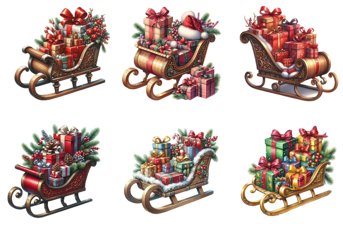 28 Christmas Presents Sleigh Clipart Bundle PNG, Christmas Gift Sleigh Sublimation