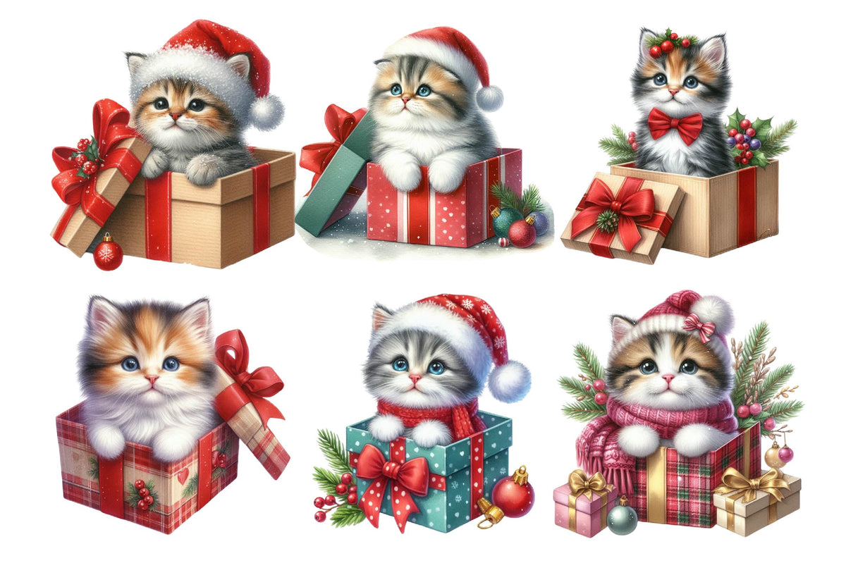 Christmas Kitten in Gift Box PNG Clipart Bundle