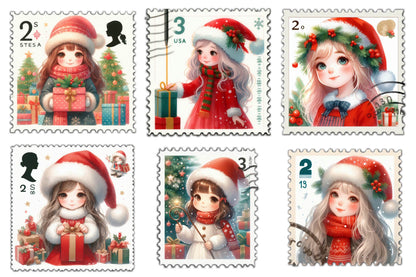 Christmas Girl Postage Stamp Clipart Bundle 19 Holiday PNG Designs