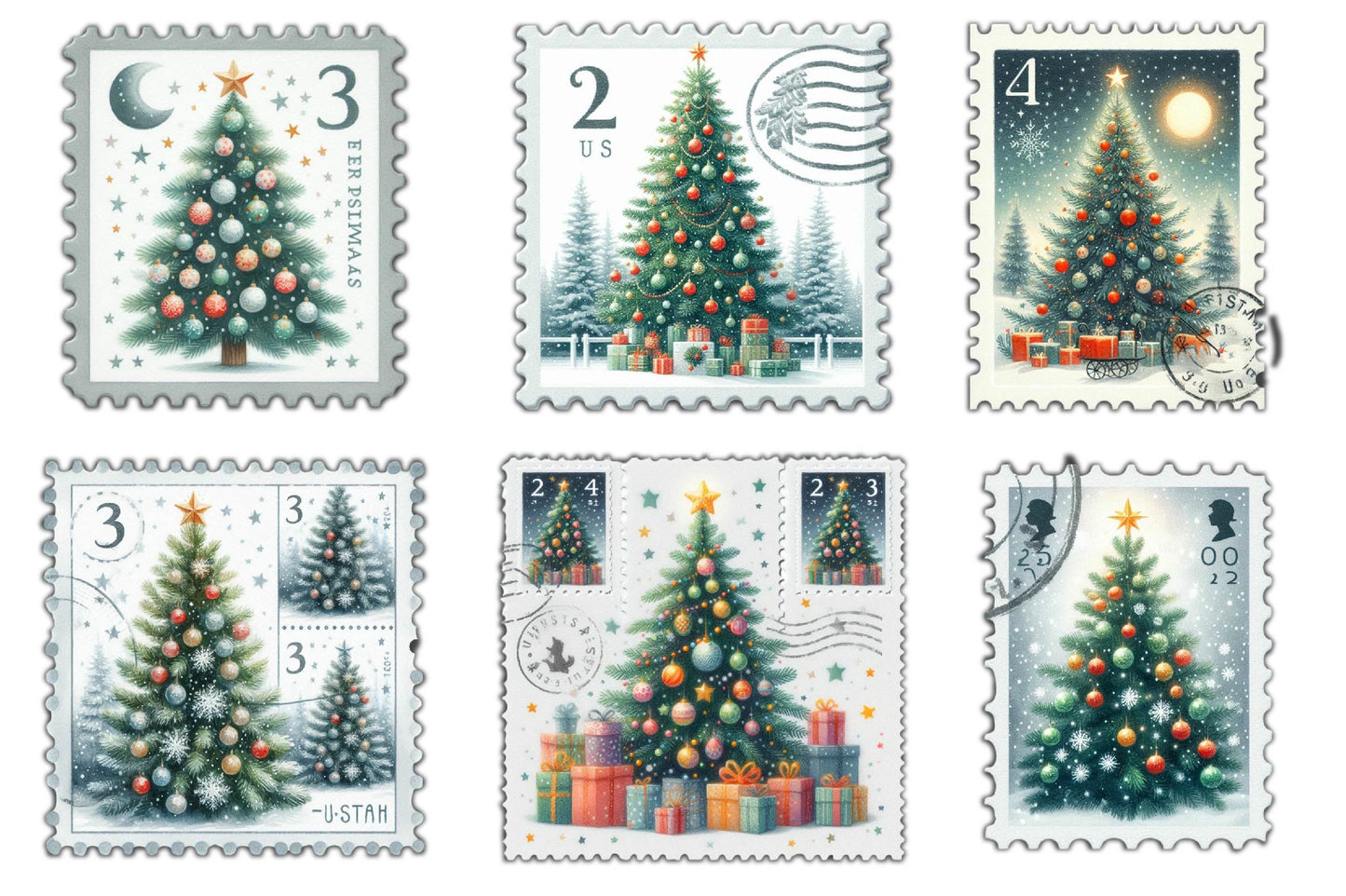 25 Christmas Tree Postage Stamp Clipart Bundle