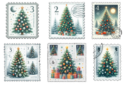25 Christmas Tree Postage Stamp Clipart Bundle