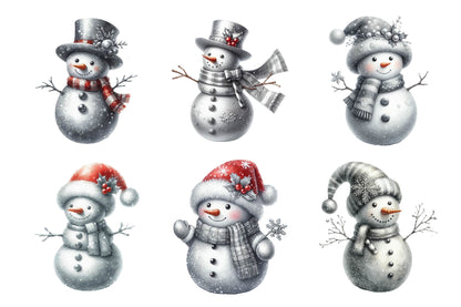 Christmas Silver Snowman Watercolor Clipart PNG Bundle