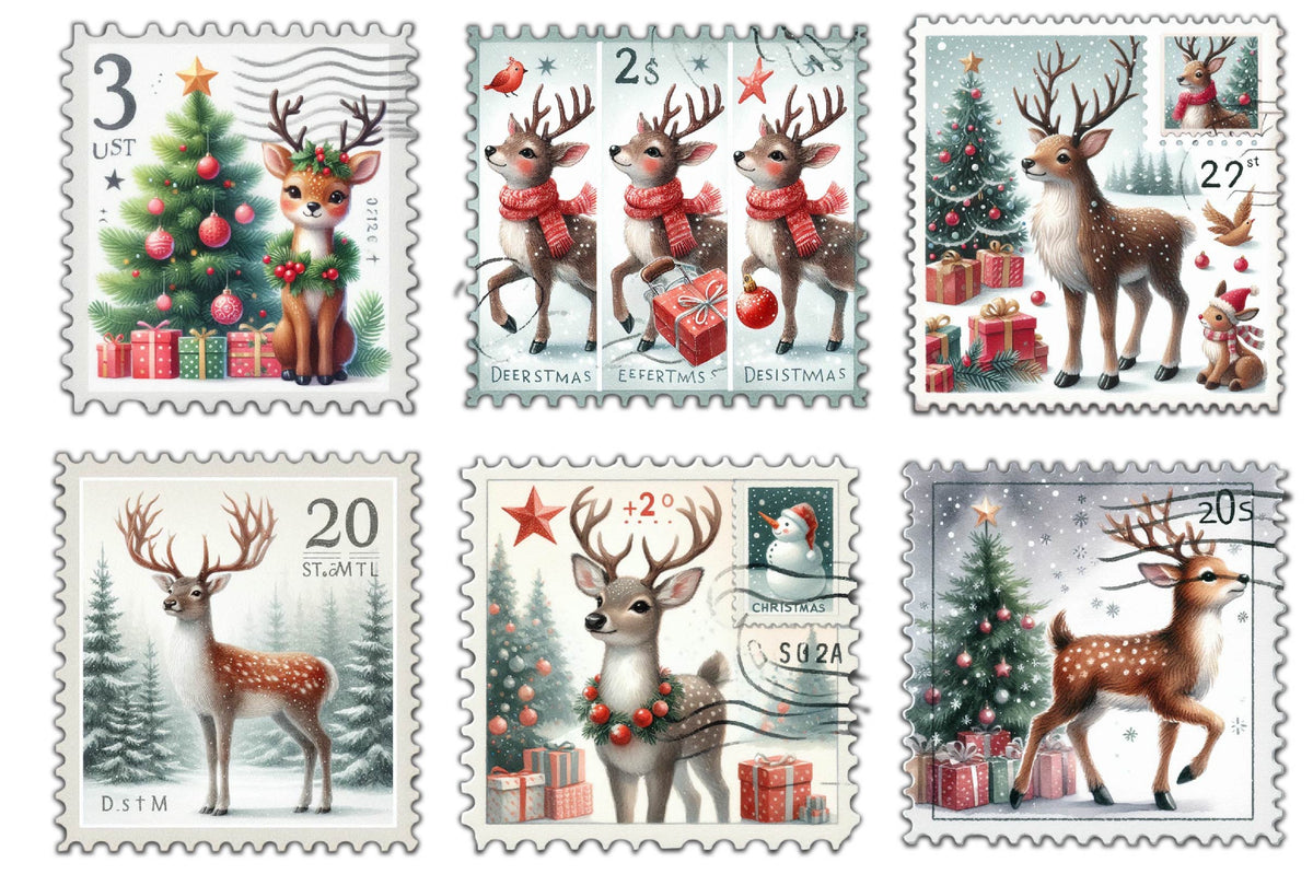 23 Christmas Reindeer Postage Stamp Clipart Bundle