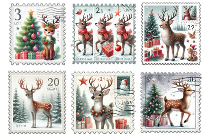 23 Christmas Reindeer Postage Stamp Clipart Bundle