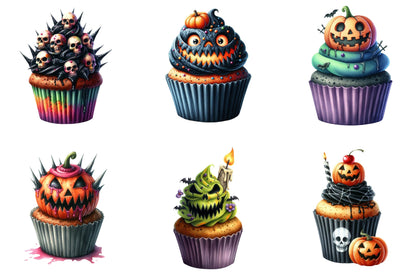 Halloween Cupcake Watercolor Clipart PNG Bundle