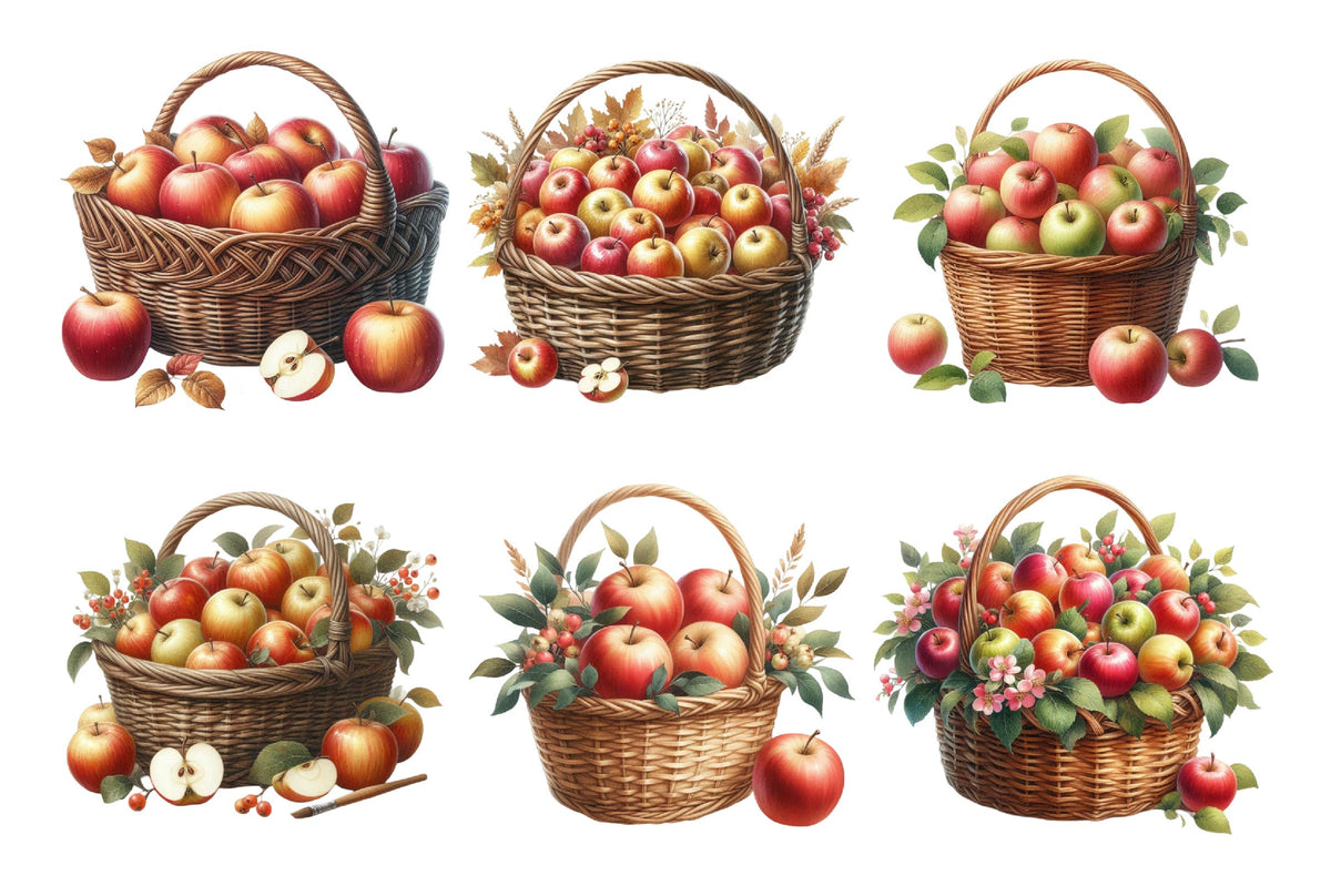 Autumn Apple Basket Watercolor Clipart PNG Bundle