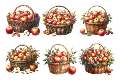 Autumn Apple Basket Watercolor Clipart PNG Bundle