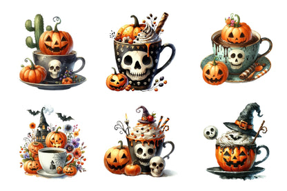 Halloween Coffee Cup Watercolor Clipart PNG Bundle