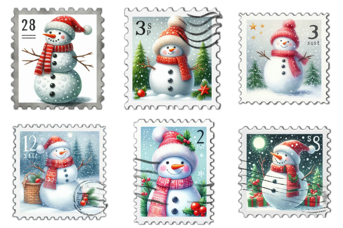30 Christmas Snowman Postage Stamp Clipart Bundle