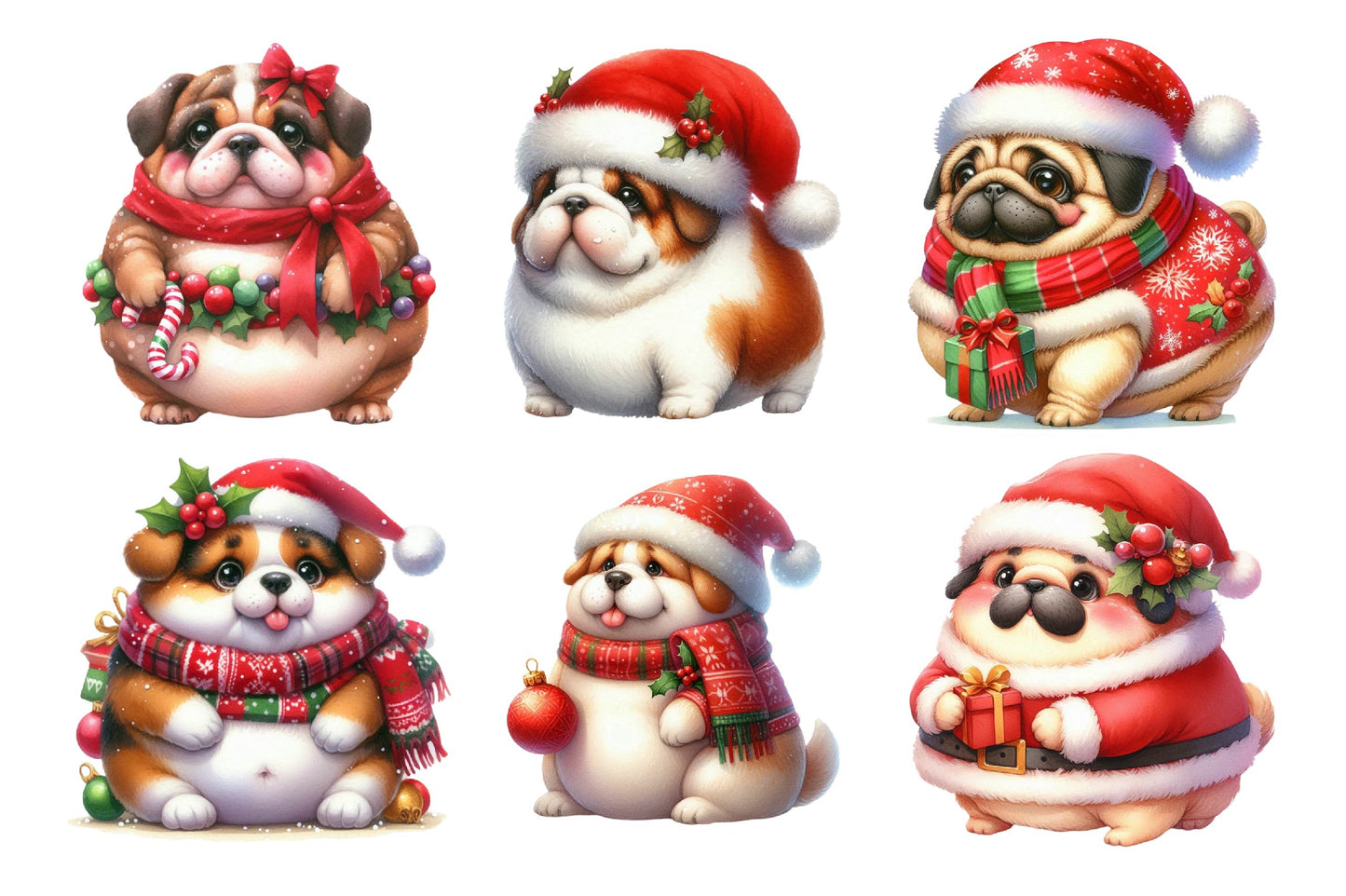 Christmas Funny Fat Dog Watercolor Clipart PNG Bundle