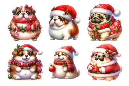 Christmas Funny Fat Dog Watercolor Clipart PNG Bundle
