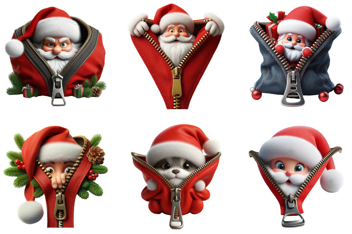 28 Christmas Santa Peeking Out Zipper Clipart Bundle PNG, Santa Christmas Sublimation