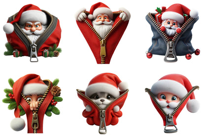 28 Christmas Santa Peeking Out Zipper Clipart Bundle PNG, Santa Christmas Sublimation