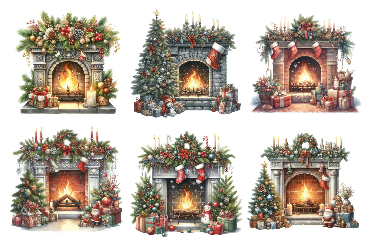 Christmas Fireplace Watercolor Clipart PNG Bundle