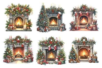 Christmas Fireplace Watercolor Clipart PNG Bundle