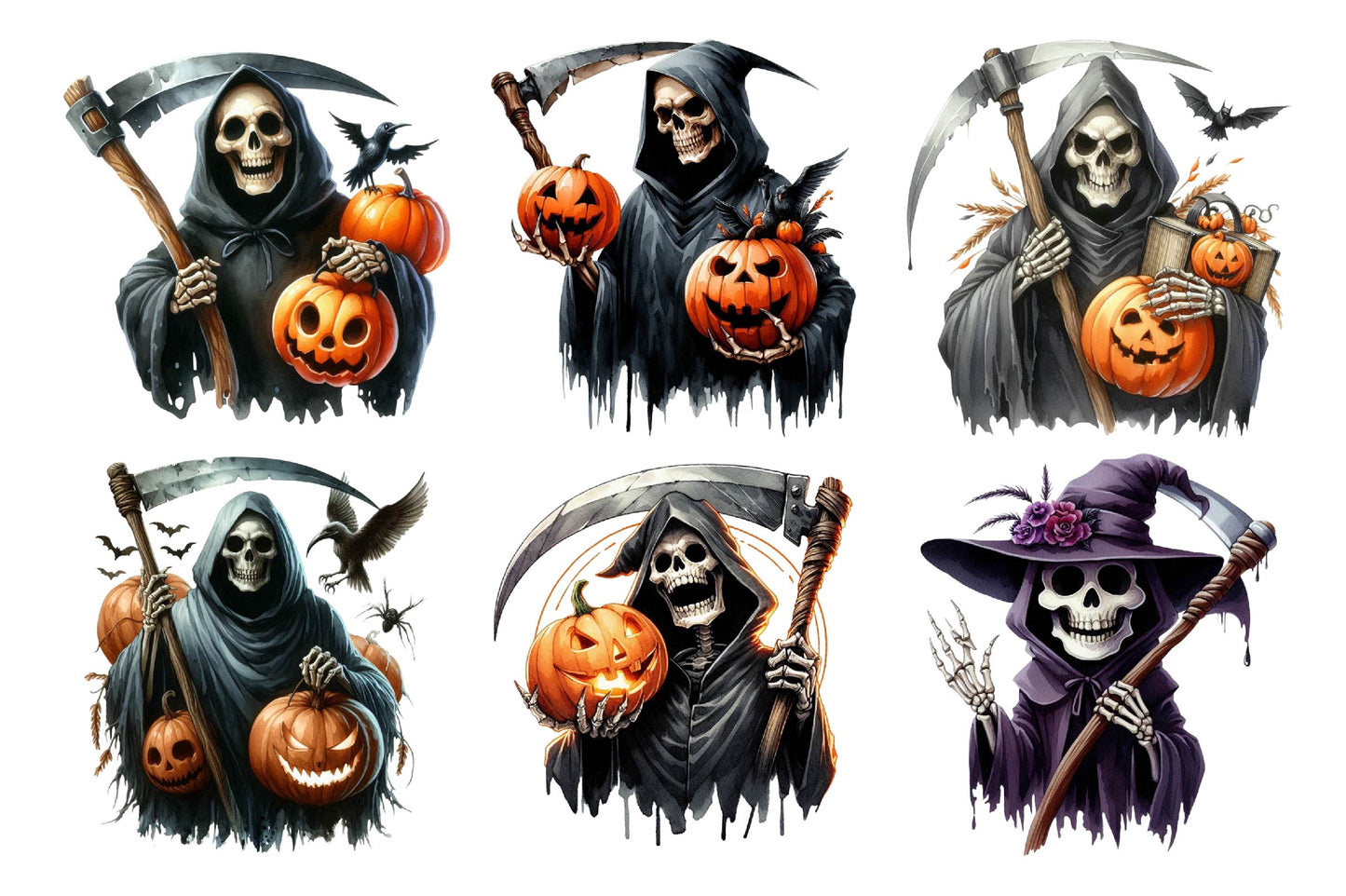 Halloween Funny Reaper Skull Watercolor PNG Bundle