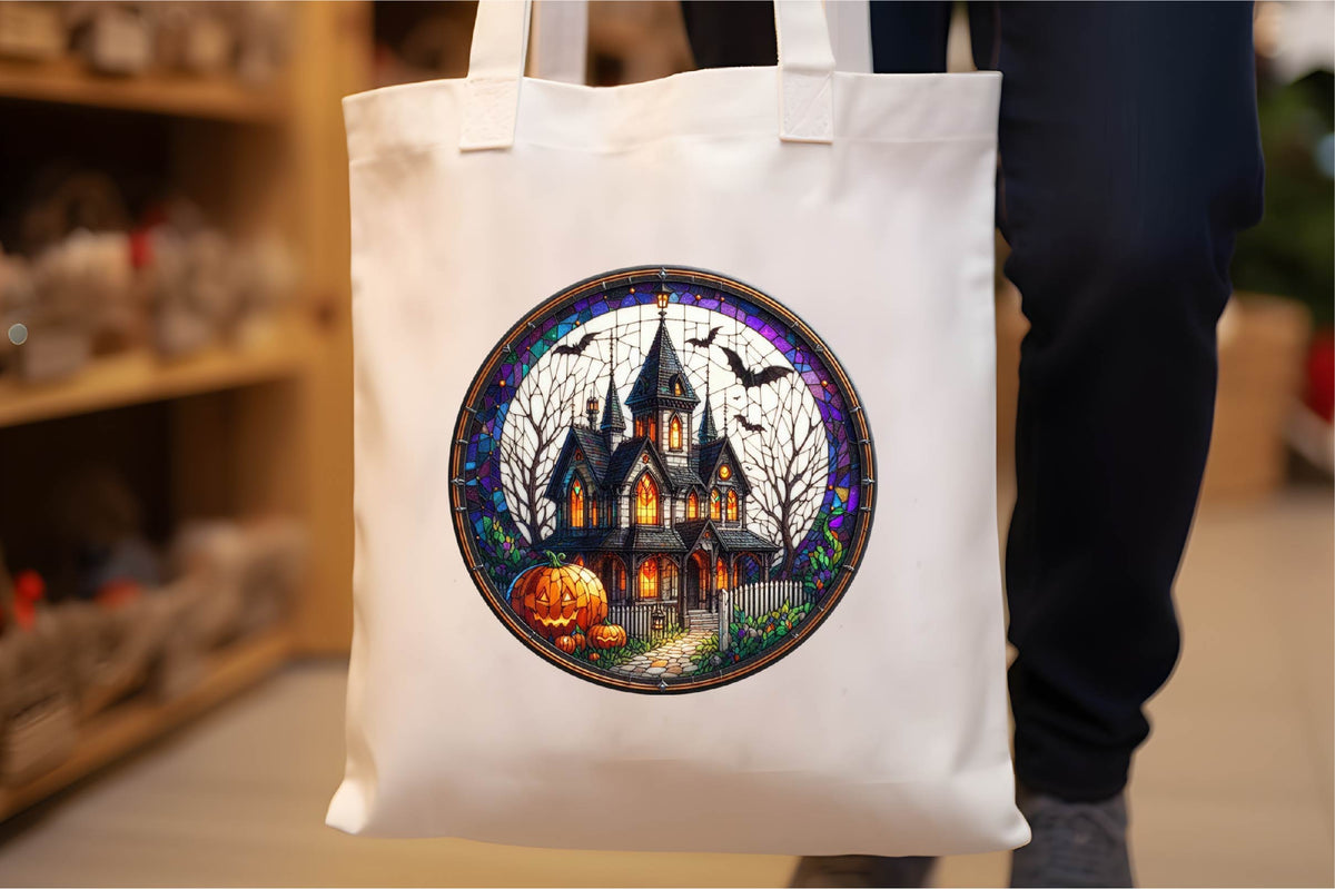 25 Stained Glass Haunted House Halloween Clipart Bundle PNG, Gothic Haunted Mansion Sublimation Designs