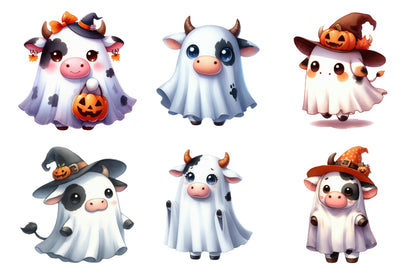 Halloween Cute Cow Ghost Watercolor Clipart PNG Bundle