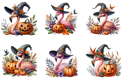 31 Halloween Witch Hat Flamingo Clipart Bundle PNG, Cute Flamingo Pumpkin Sublimation Designs