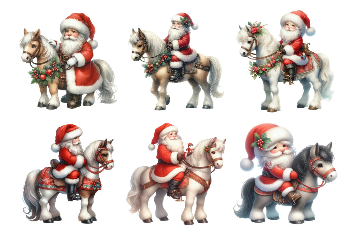 Christmas Santa Riding Horse Watercolor PNG Bundle