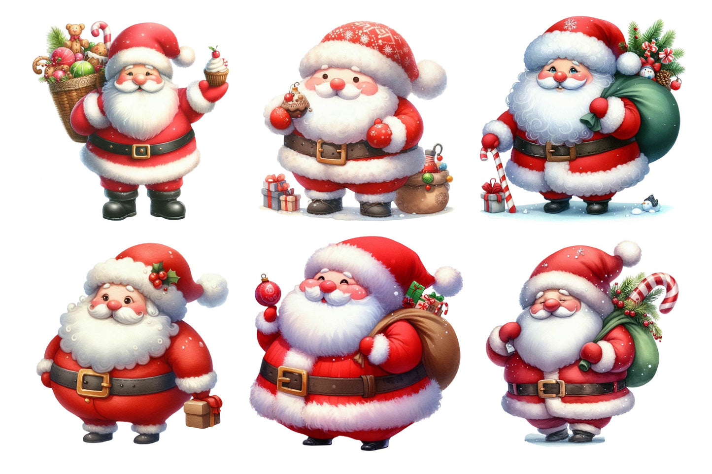 Christmas Funny Fat Santa Watercolor Clipart PNG Bundle