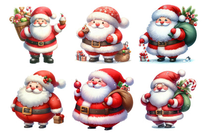 Christmas Funny Fat Santa Watercolor Clipart PNG Bundle