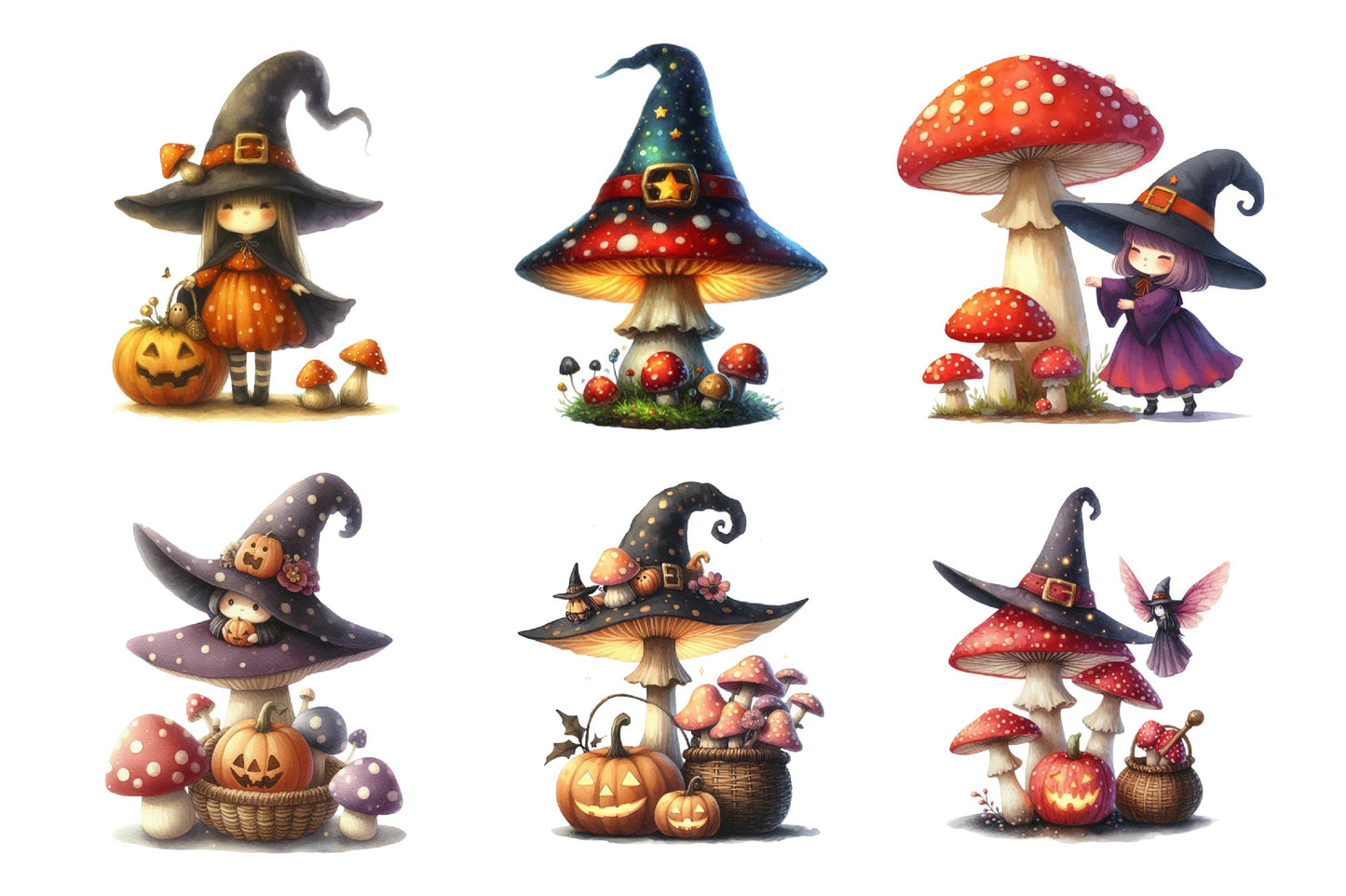 Halloween Mushroom Witch Watercolor Clipart PNG Bundle