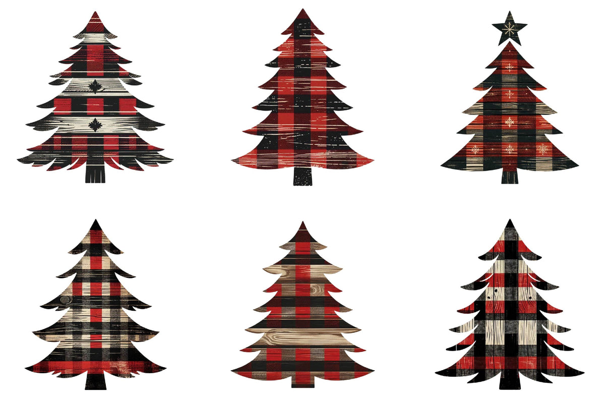 28 Christmas Primitive Wood Tree Clipart Bundle PNG, Rustic Plaid Christmas Tree Sublimation Designs