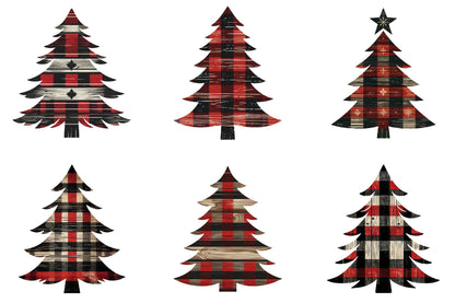 28 Christmas Primitive Wood Tree Clipart Bundle PNG, Rustic Plaid Christmas Tree Sublimation Designs