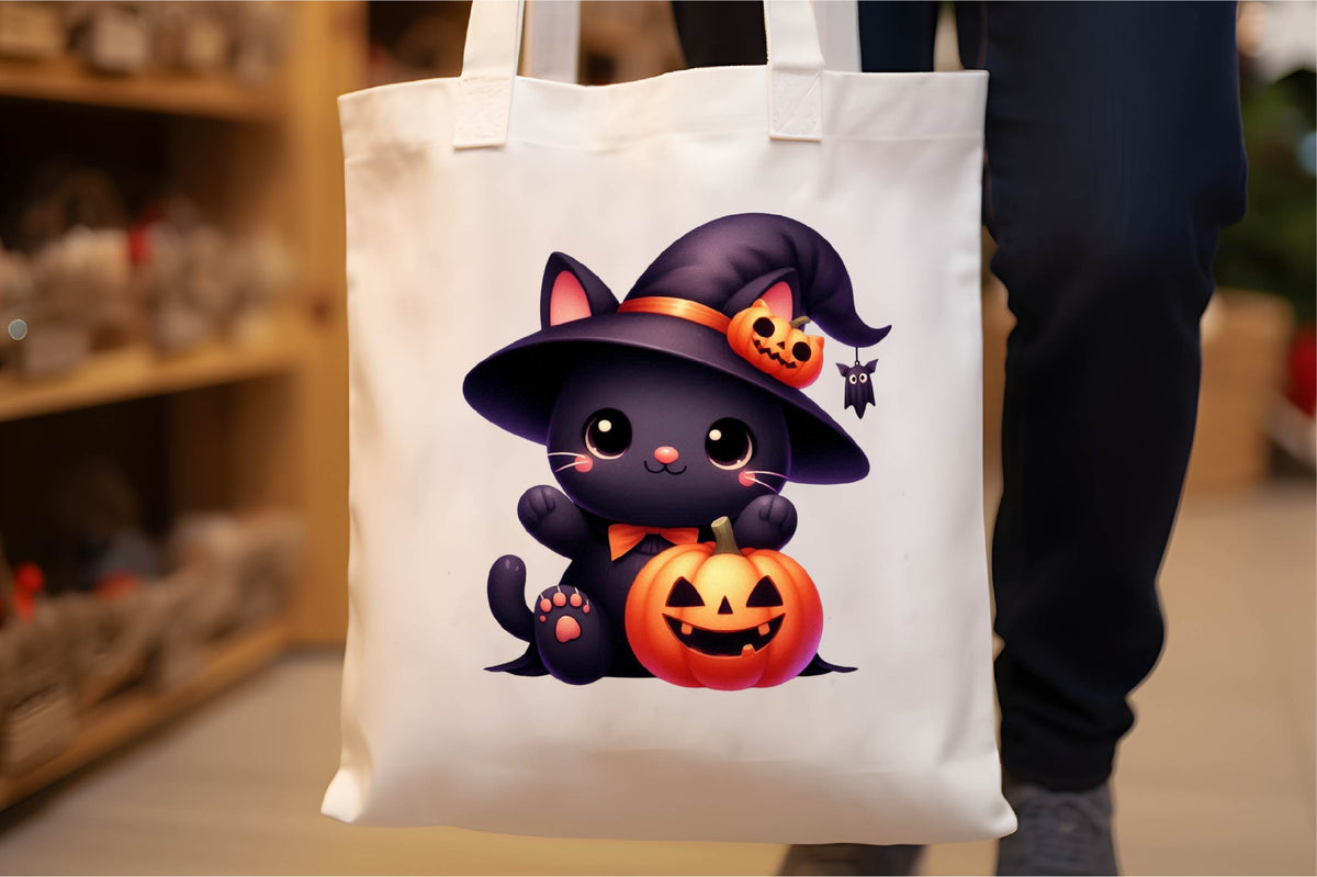 30 Halloween Kawaii Black Cat Clipart Bundle PNG, Cute Witch Cat Jack O Lantern Sublimation Designs
