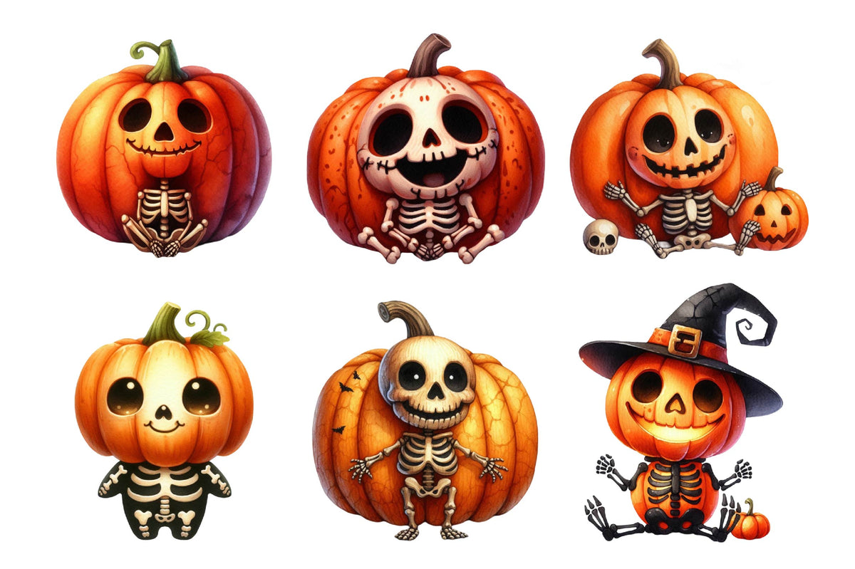 Halloween Skeleton Pumpkin Watercolor Clipart PNG Bundle