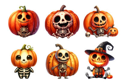 Halloween Skeleton Pumpkin Watercolor Clipart PNG Bundle