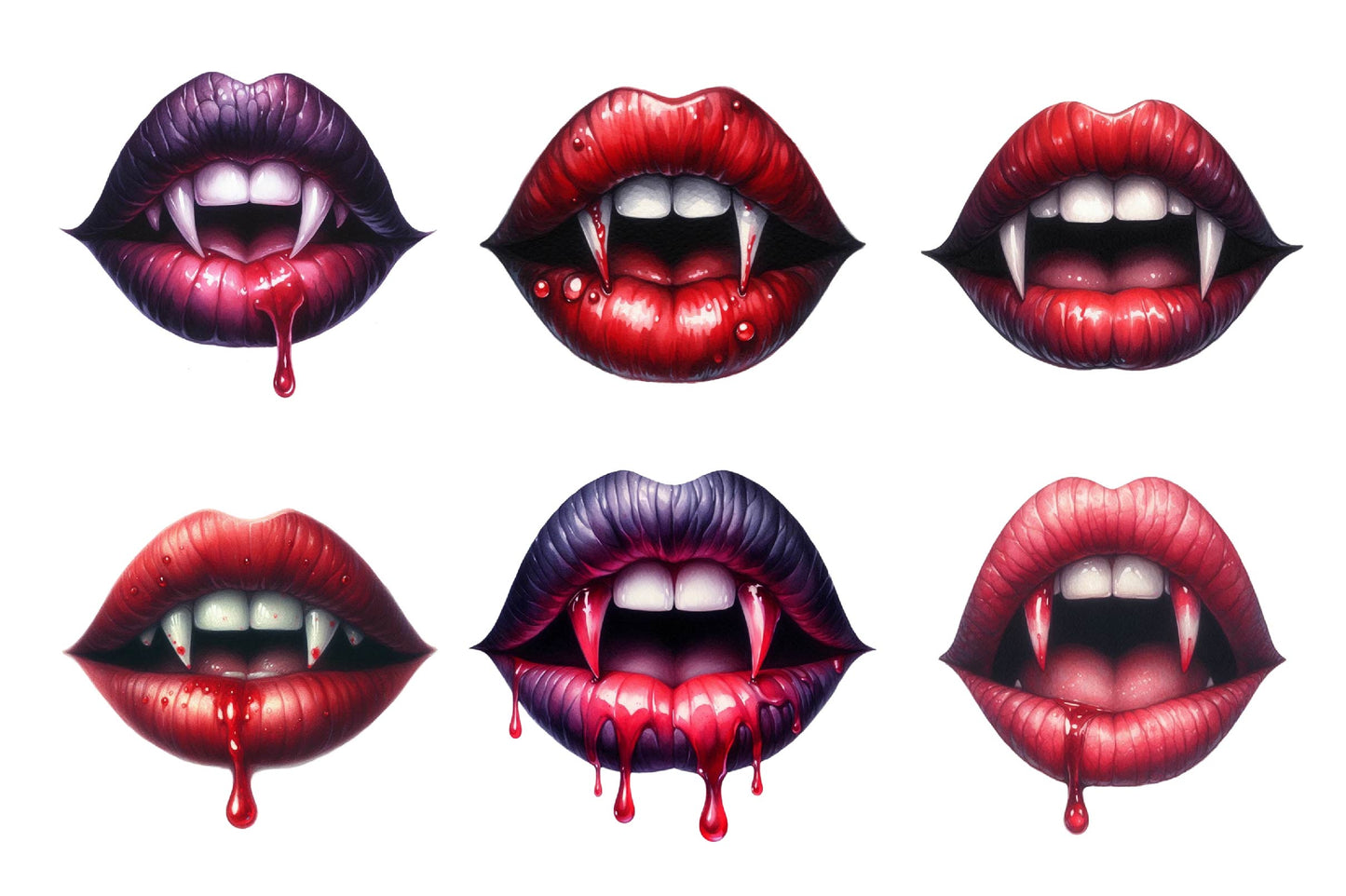 Halloween Vampire Lips Watercolor Clipart PNG Bundle