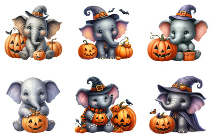 30 Halloween Elephant Clipart Bundle PNG, Cute Spooky Elephant Pumpkin Halloween Sublimation